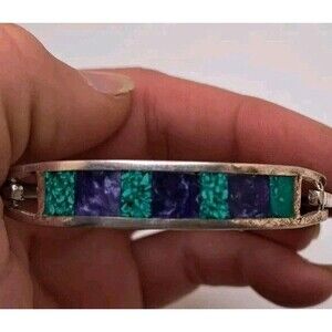 Vtg Silver Tone Cuff Bracelet Natural Stone Inlay Checkered Purple & Green